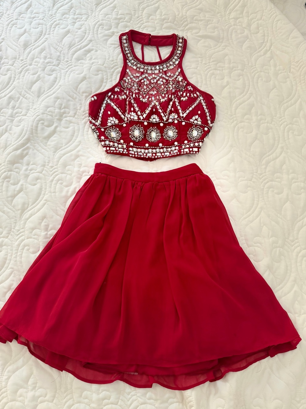 B Darlin Red Embellished Crop Top & Skirt Set